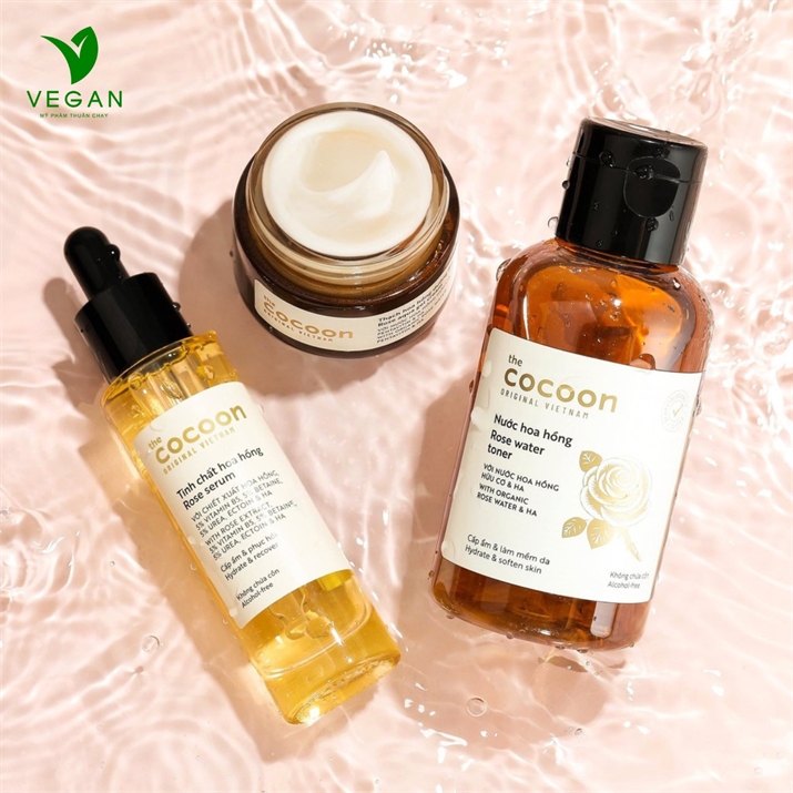 Combo cấp ẩm và phục hồi cocoon: Nước hoa hồng 140ml + Tinh chất hoa hồng 30ml + Thạch hoa hồng dưỡng ẩm 30ml 3