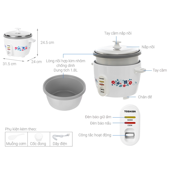 Nồi cơm nắp rời Toshiba 1.8 lít RC-18MH2PV(F) 3